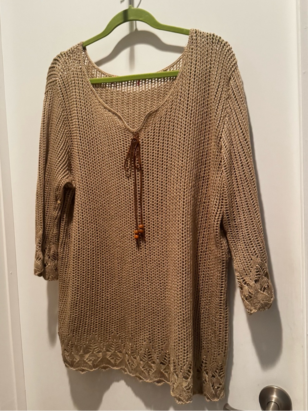 Beige Crochet Knit Tunic with Tassel Drawstring